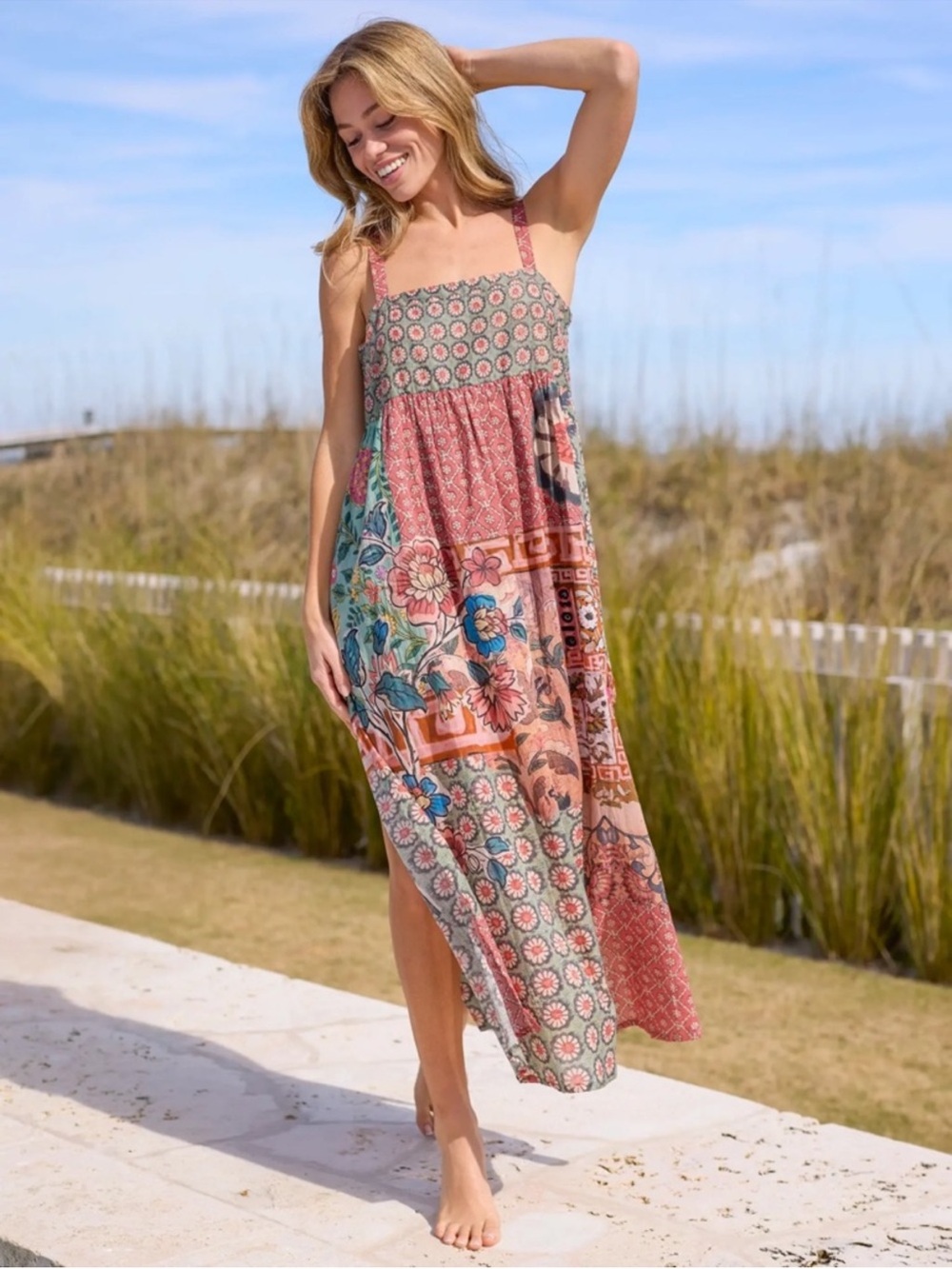 Natural Life Patti Side Slit Cotton Maxi Dress Patchwork Medallion Floral L